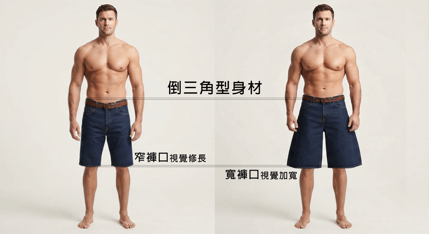 倒三角寬窄褲口對比圖:「倒三角身形短褲褲口寬度視覺差異對比」