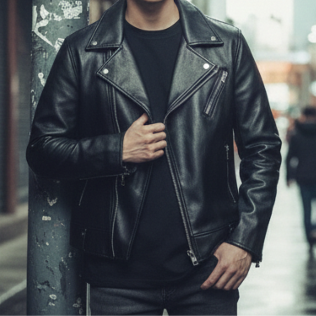 潮流翻領黑色機車皮衣夾克