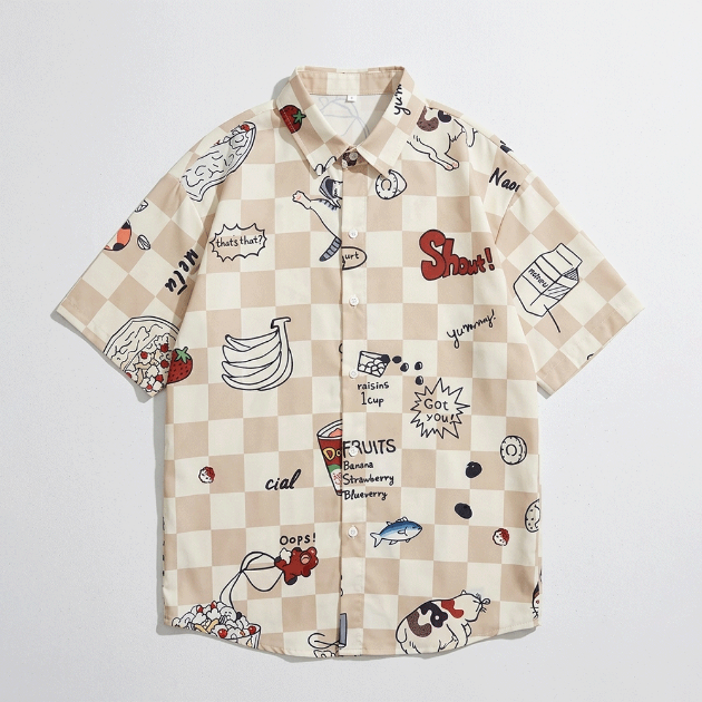 奶茶色棋盤格野餐插畫襯衫