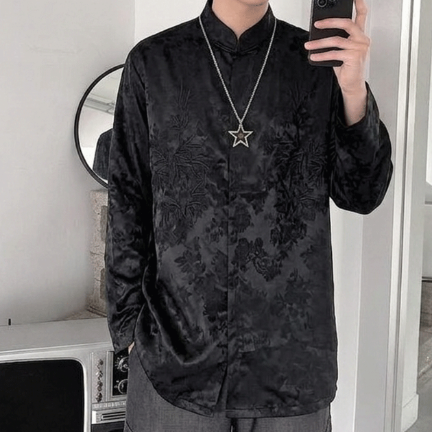 新中式暗黑緹花盤扣襯衫