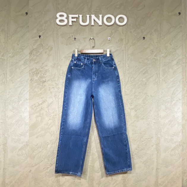 中藍刷白直筒寬鬆高腰牛仔長褲