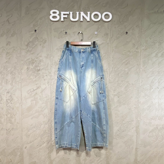 淺藍牛仔大口袋剪接工裝寬褲