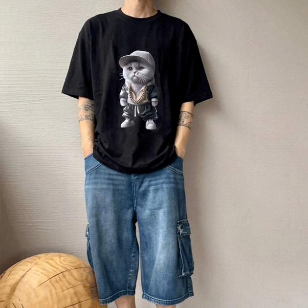 饒舌灰貓金項鍊大圖短T