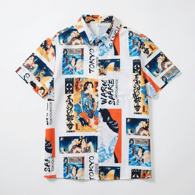 日本刺青藝妓插畫短袖襯衫