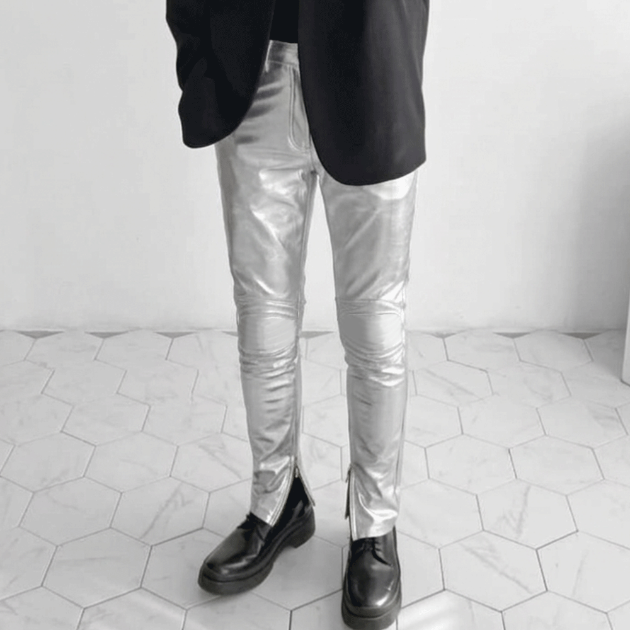 美式亮銀色金屬感派對長褲