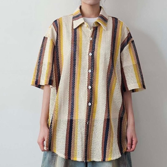 直條紋網眼透膚短袖襯衫