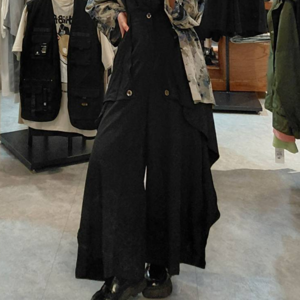 純黑鈕扣綁帶闊腿長褲