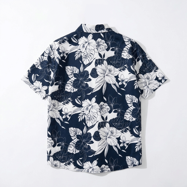 藏青底扶桑花印花短袖襯衫