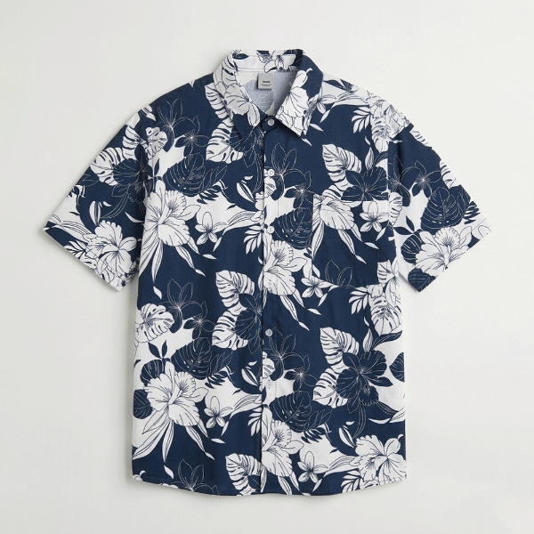 藏青底扶桑花印花短袖襯衫