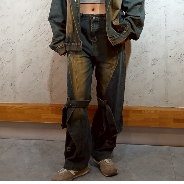 設計感可拆綁帶牛仔長褲