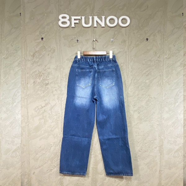 中藍刷白直筒寬鬆高腰牛仔長褲