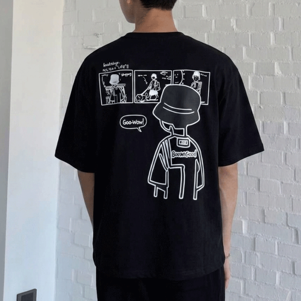 漁夫帽男孩插畫寬鬆短T