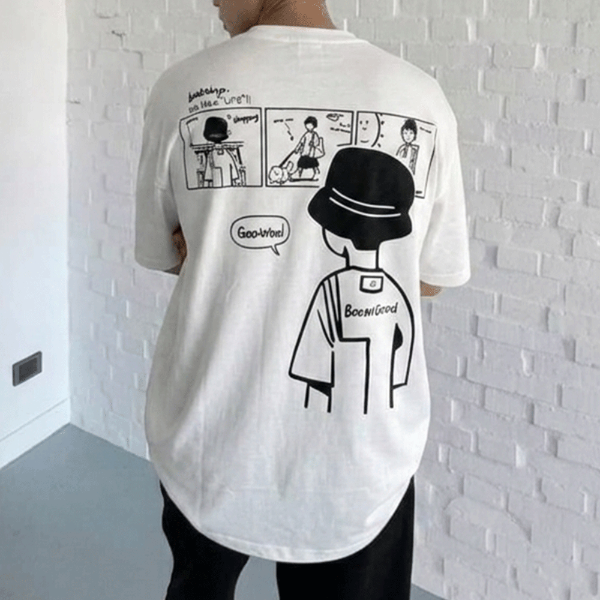 漁夫帽男孩插畫寬鬆短T