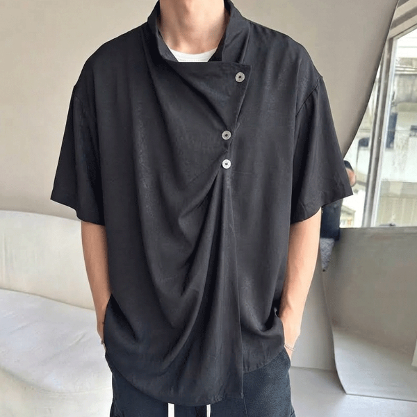 緞面不對稱斜襟扣帶短T