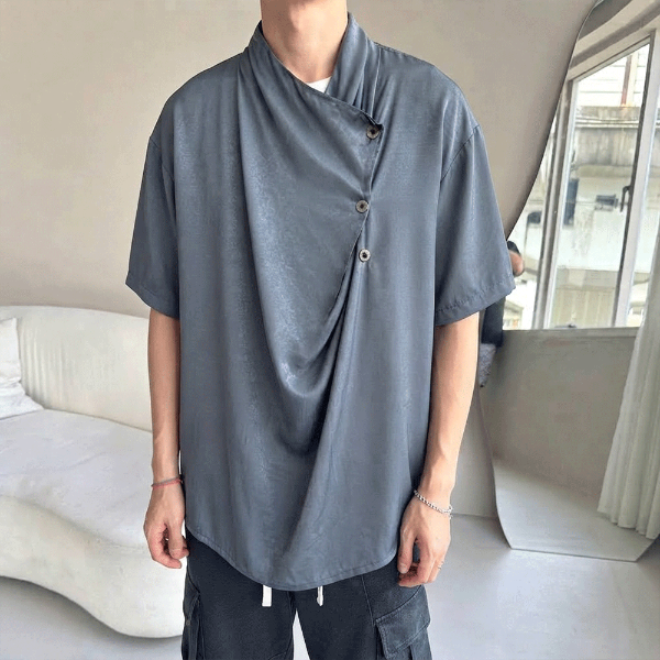 緞面不對稱斜襟扣帶短T