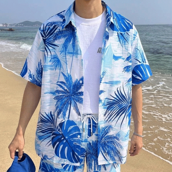 藍白椰子樹印花短袖襯衫