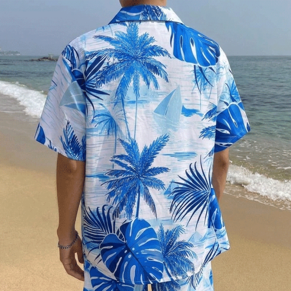 藍白椰子樹印花短袖襯衫