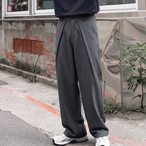 深打褶寬鬆垂墜直筒褲