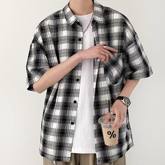 格紋復古短袖襯衫