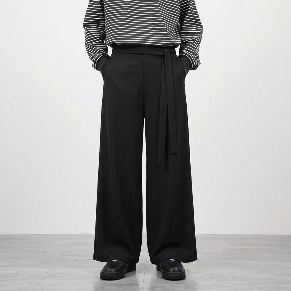 黑色中式綁帶大擺寬褲